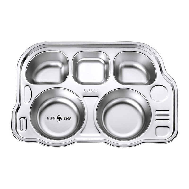 Children's Plate Cute Bus Bear Stainless Steel Grid Plate Kids Breakfast Dinner Dinnerware Baby Food Feeding Dishes Tray: A