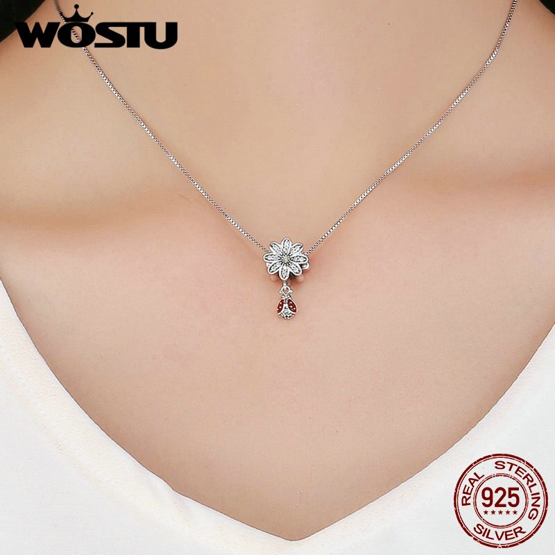 Wostu 925 sterling silver daisy & ladybug dingla charm passar original gör-det-själv pärlor armband smycken göra cqc 727