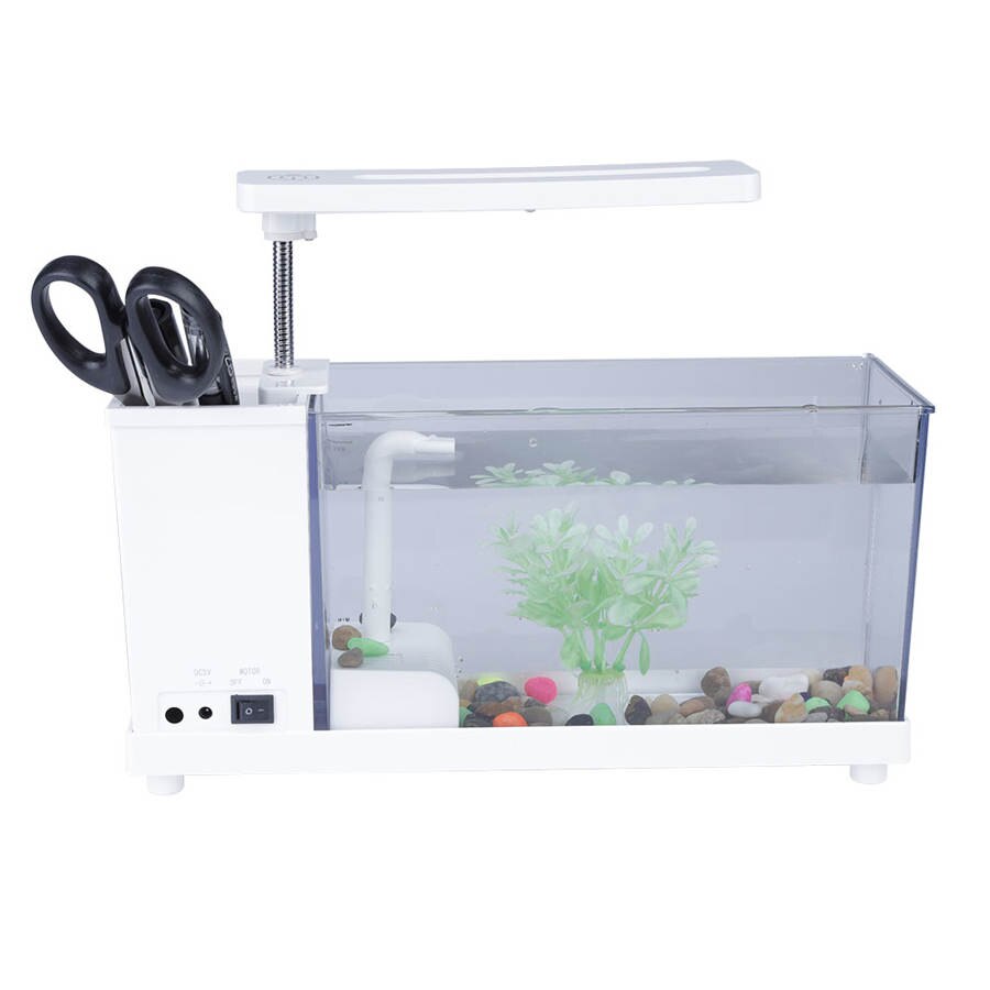 USB Desktop Mini Aquarium Fish Tank Aquarium with LED Light LCD Display Screen and Clock Fish Tank Decoration with Pebbles