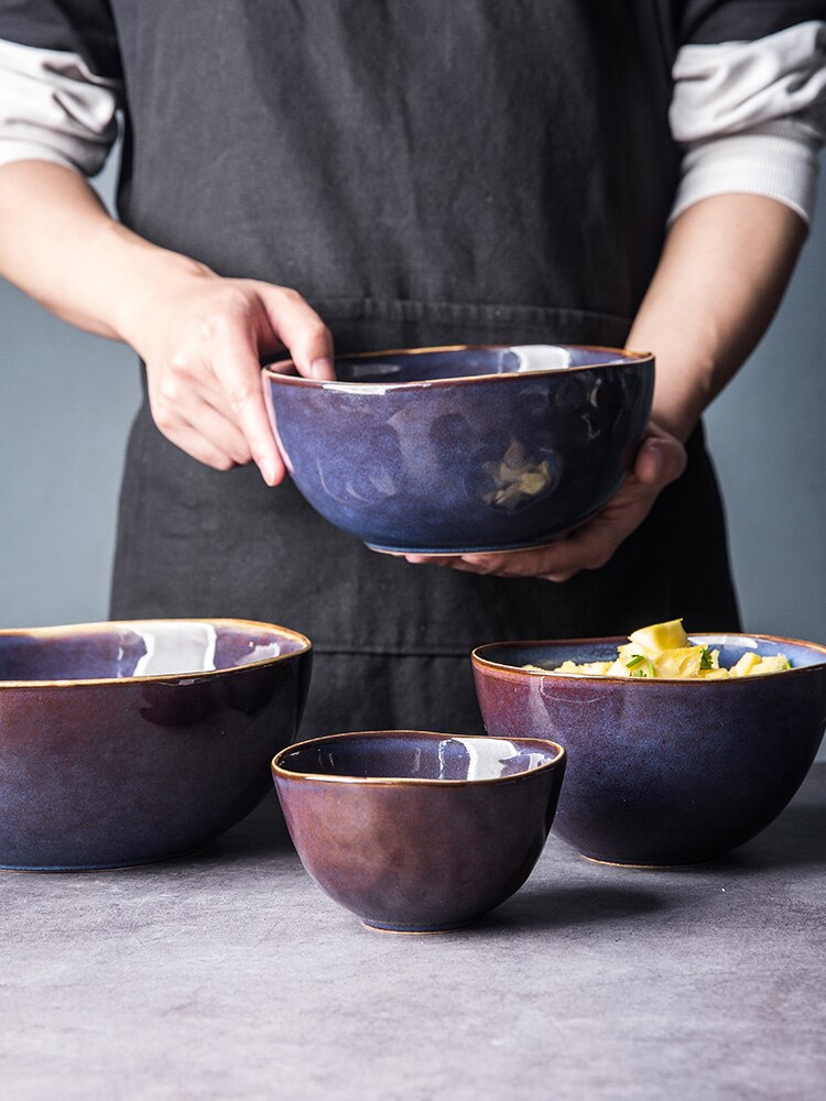 Household bowl and plate combination set simple retro ceramic tableware noodle salad bowl Steak cake dessert plates