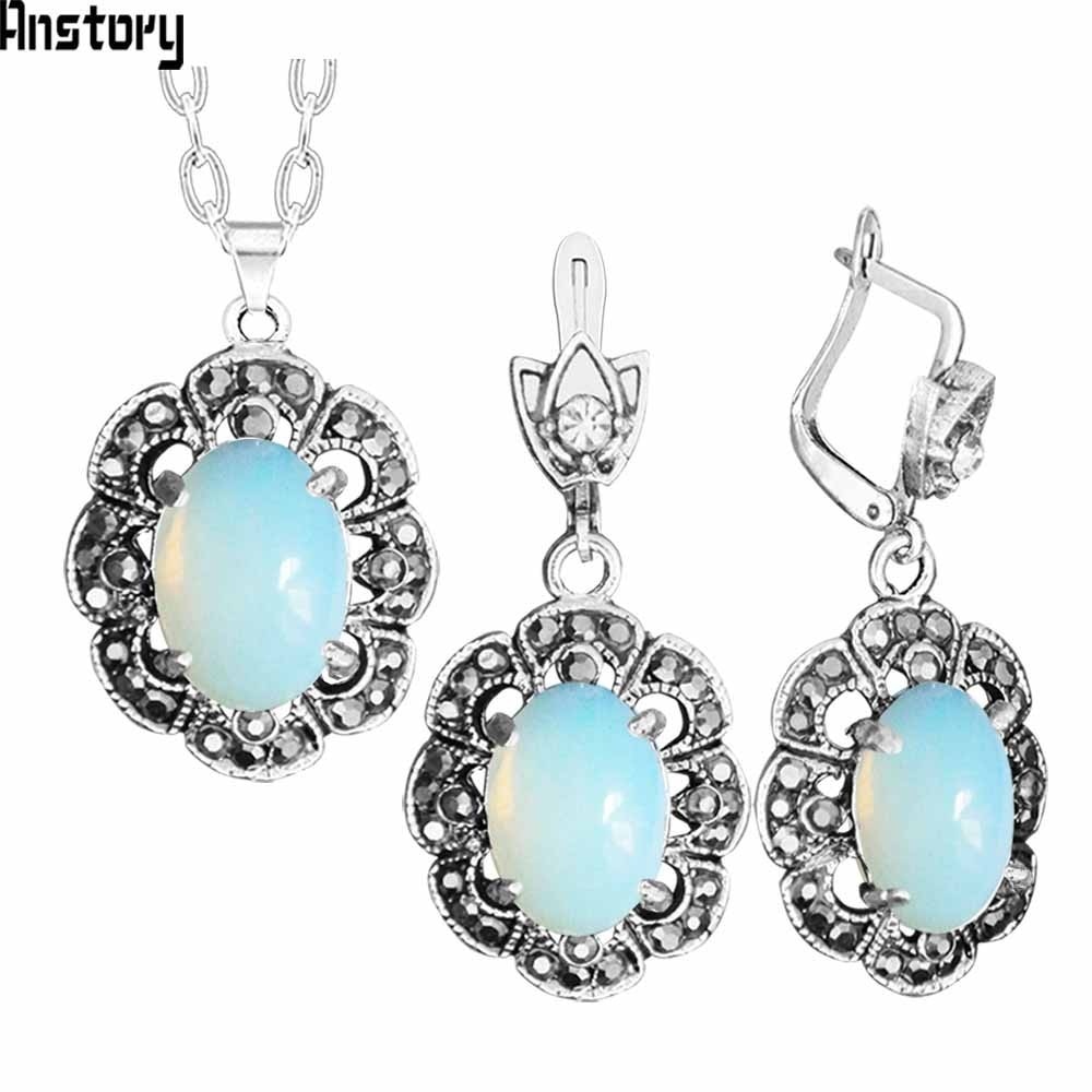 Oval Transparent Opal Necklace Earrings Jewelry Set Rhinestone Vintage Look Jewelry For Women TS429