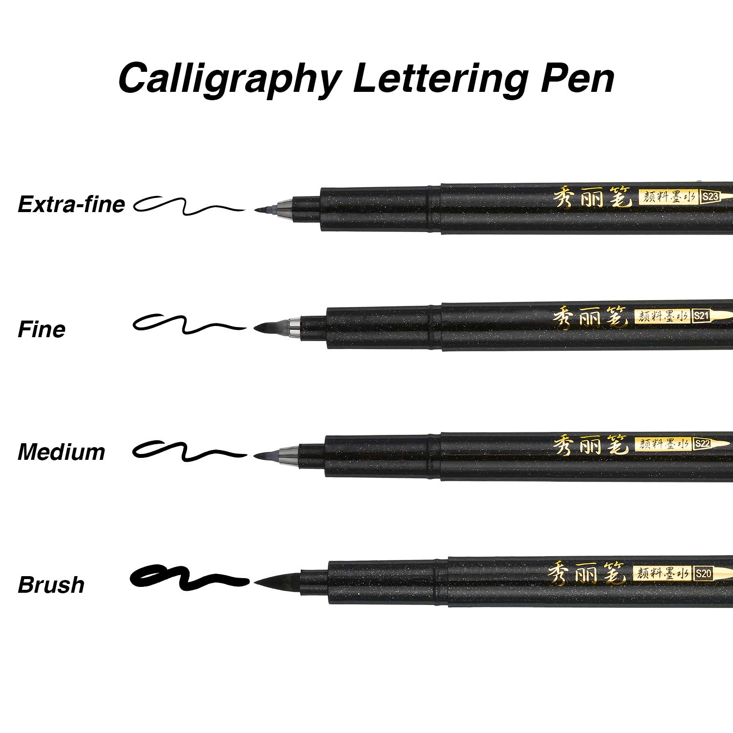 Refill Brush Calligraphy Pen for Lettering 4 Sizes Black Brush Marker Pen Calligraphy Set (4 Brush Pens)