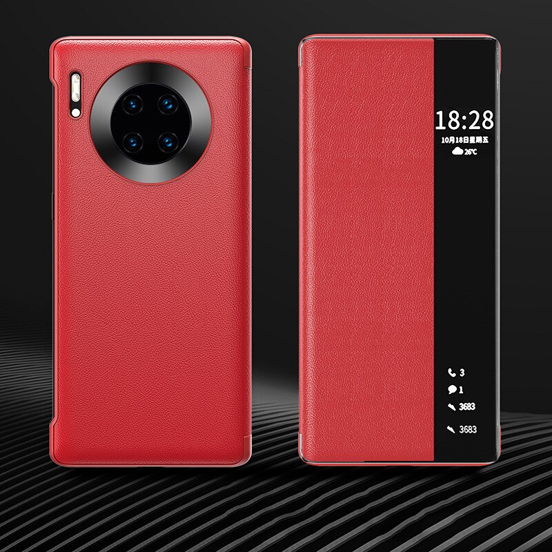 Luxury Leather Smart View Flip Case For Huawei Mate 40 Pro Mate40 Mate40pro 40pro 5G Global Version Magnetic Phone Cover: For Mate 40 / Red