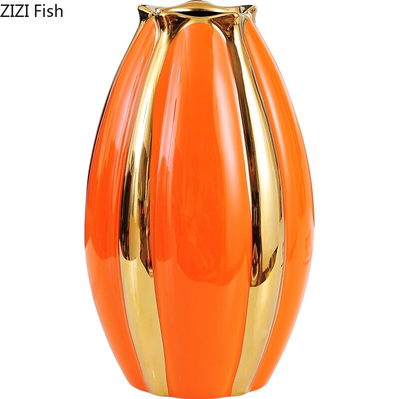 Star Fruit Ceramics Vase Orange Porcelain Vases Desk Decor Golden Stripes Floral Artificial Flowers Home Decoration Modern