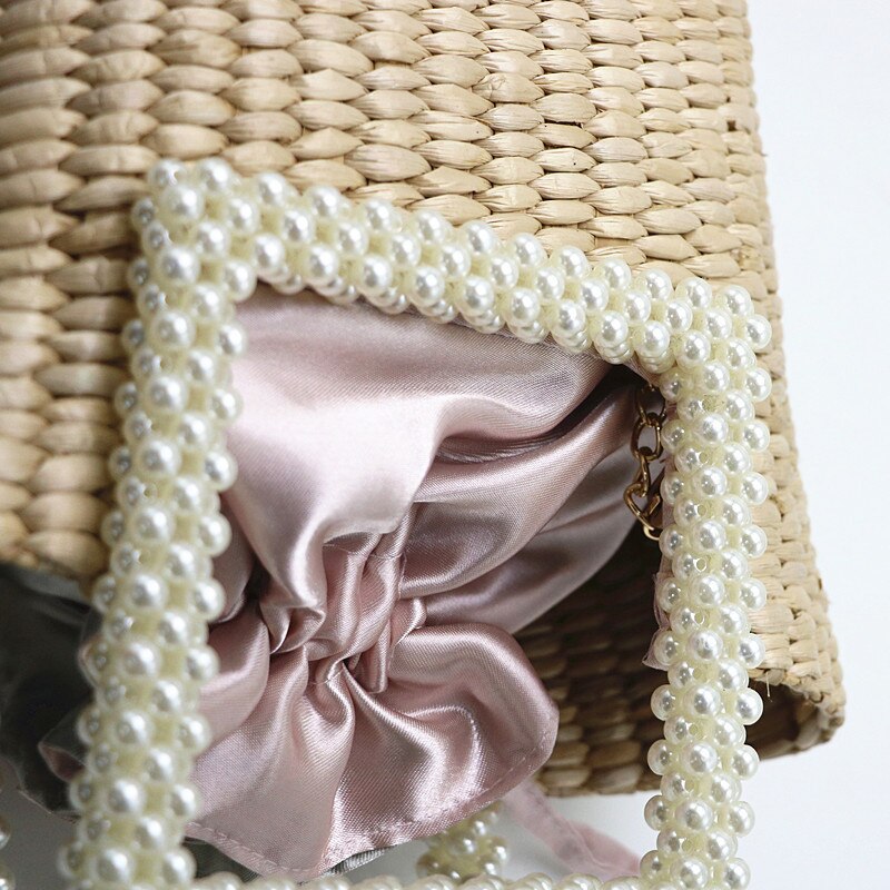 Kvinder perle halm håndtaske vævet tote sommer strand rejse snøre spand boheme perle håndtag tasker  ss3643