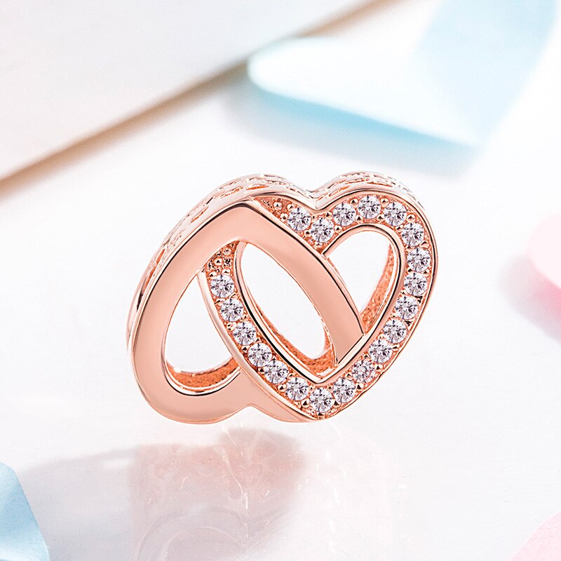 Echt 925 Sterling Silver Bead Charm Rose Opengewerkte Verstrengeld Liefde Hart Met Crystal Bead Fit Pan Armband Ketting Diy Je
