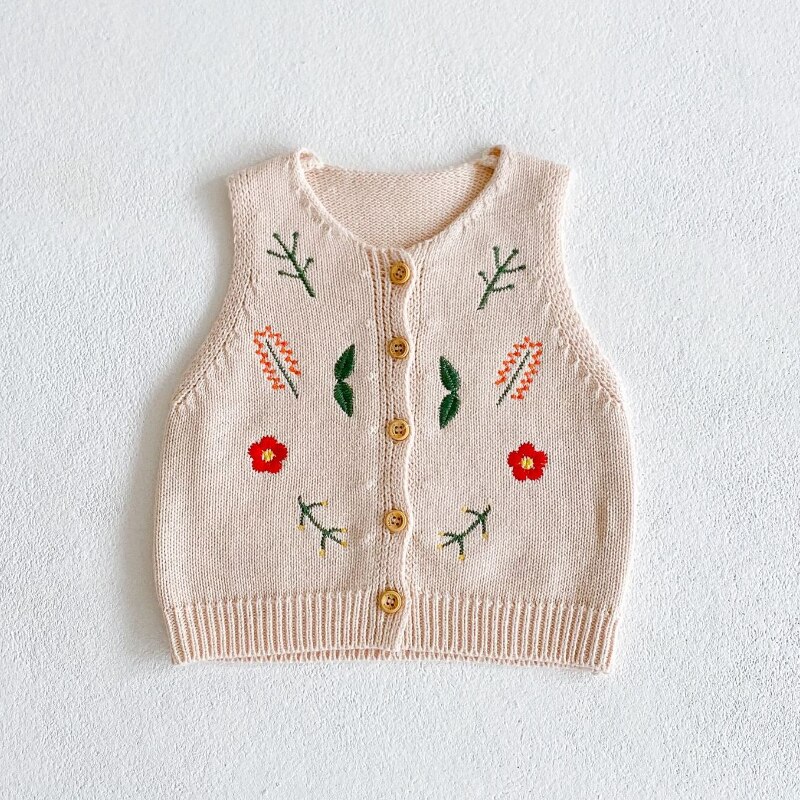 Embroidery Baby Boys And Girls V-neck Sleeveless Twist Knit Woolen Vest Cardigans Sweater For 0-24M Autumn Baby Girl Clothes: 90CM(12-18M)