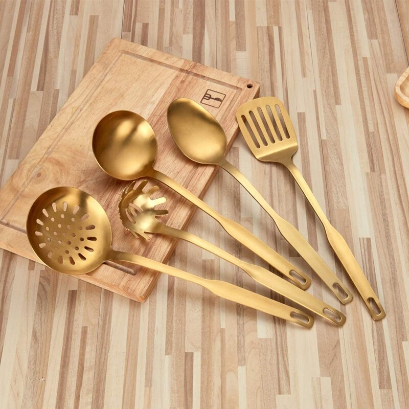 Køkkenredskaber i rustfrit stål 5- stykke madlavningssæt, køkkenredskabssæt, guld