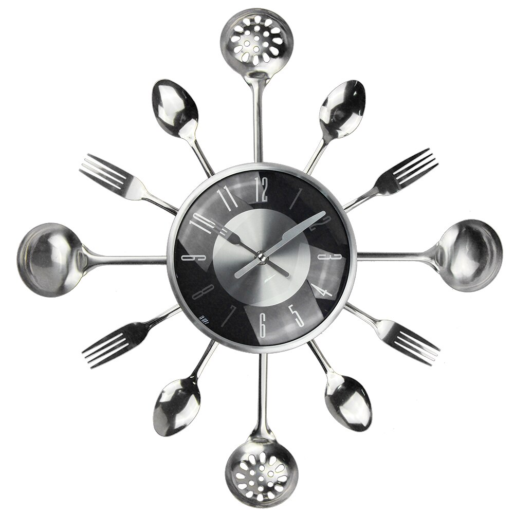 18 Inch Large Wall Clocks Metal Spoon Fork Kitchen Wall Clock Cutlery Home Decor Kitchen Clock: black