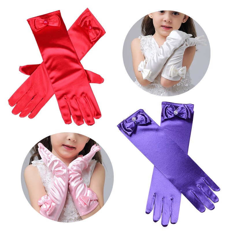 Blomsterpige barn børn lange albue satinhandsker til fest hvid perlebue dekorative handsker tilbehør