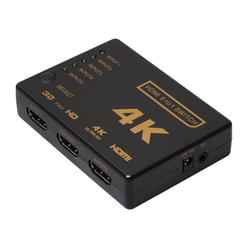 HDMI 4K HD Converter 5 Cut 1 Out Switch HDMI Splitter Audio Connector For Digital HDTV For PS3 Audio Video Receiver Black