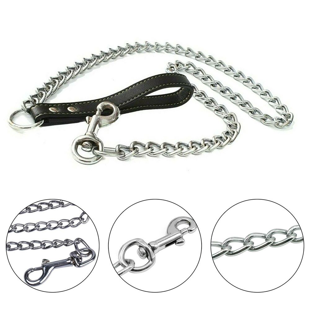 Heavy Duty Metal Chain Dog Lead With Leather Handle Long Strong Control Leash Outdoor Pet Traction Rope Anti Bite Chain
