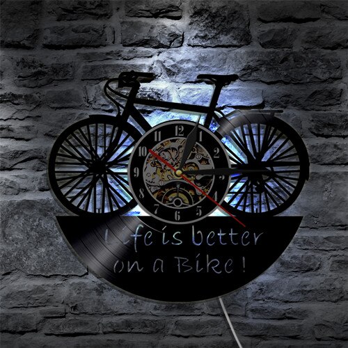 Life Is Better On A Bike Wall Clock Bike Cycle Vinyl Record Wall Clock Home Decor with 7 Different Color LED Light: With LED Light