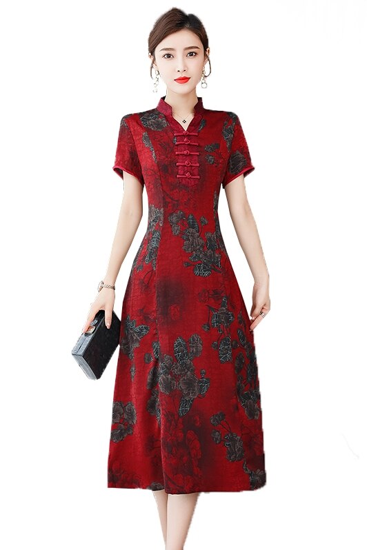 red chinese wedding party bride qipao print flower women evening dress oriental retro show cheongsam: color2 / L