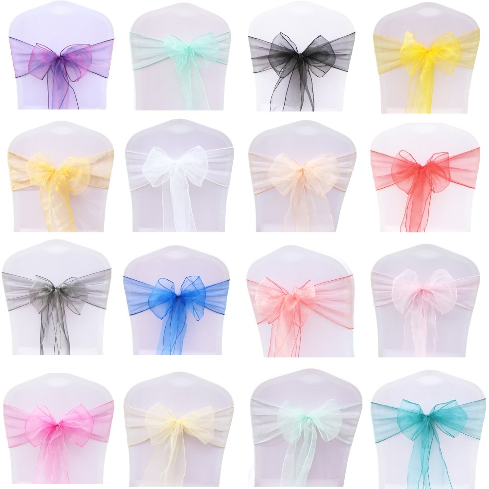 100pcs/set Organza Chair Sashes Wedding Chair Knot Cover Decoration Chairs Bow band Belt Ties For Weddings Banquet