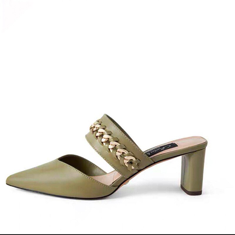 2020 nowych moda muły Femme gruby obcas kobiet muły wskazał rzym buty na pasku kobiety tego samego typu: green / 39