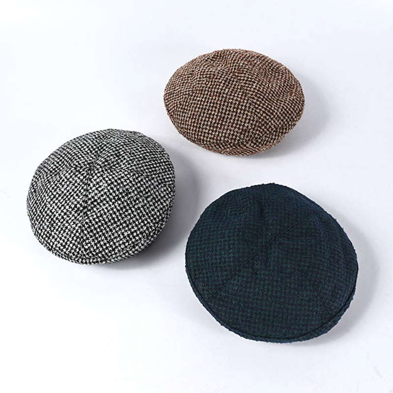 Dames Houndstooth Tweed Baretten Parijs Hoeden Mode Vrouwen Herfst Winter Gebreide Caps Zwarte Platte Hoed