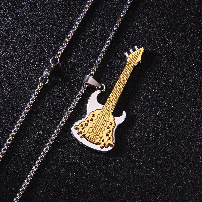 Stainless steel guitar pendant necklace men's trendy punk titanium steel sweater chain accessory jewelry: Lz28264-2