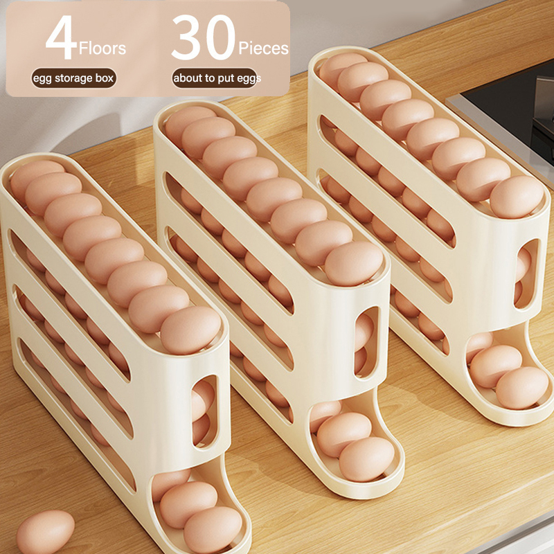 Caja organizadora de almacenamiento de huevos de 4 capas para refrigerador, soporte organizador de huevos rodante, organizador de almacenamiento de nevera, contenedor de almacenamiento de alimentos