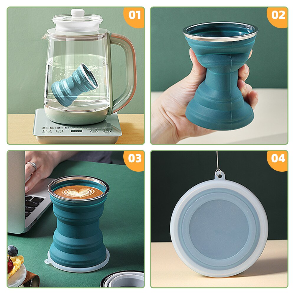 Taza plegable de silicona portátil con cordón, taza de viaje resistente al calor, tapa plegable, almacenamiento para agua
