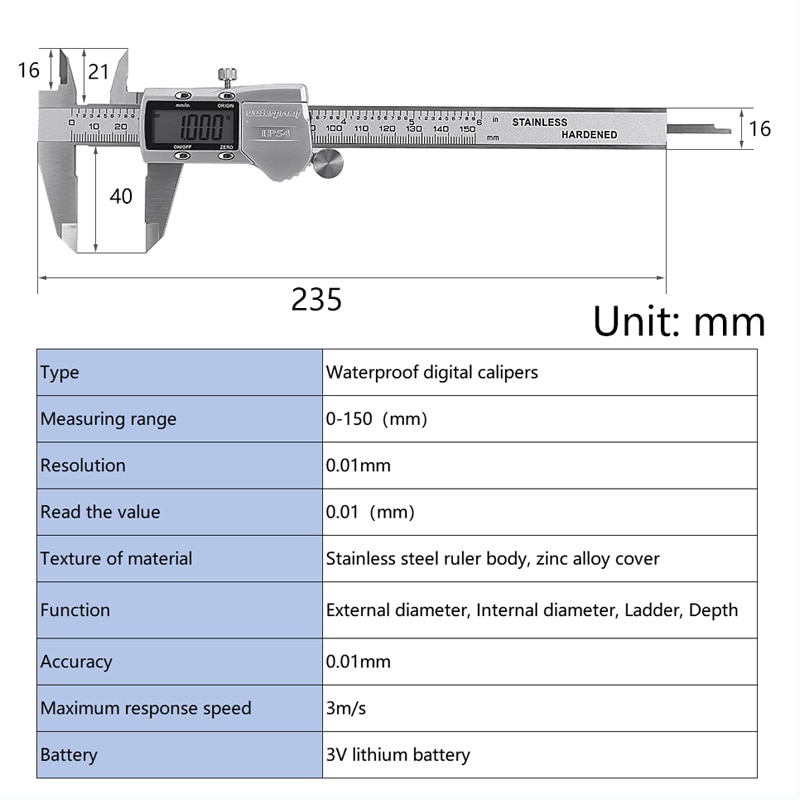 Electronic LCD Digital Display Vernier Calipers 0-150mm Stainless Steel IP54 Waterproof High Precision Calipers Measuring Tools