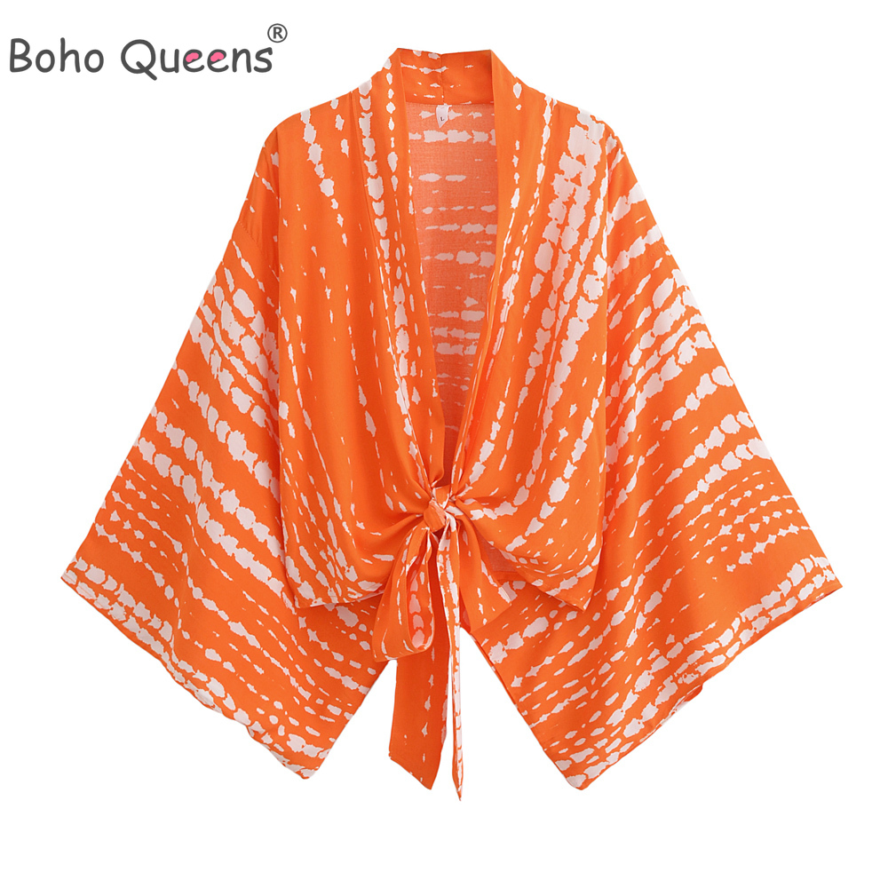 Boho Queens Women Short Robe Kimono Swimsuits Floral Batwing Sleeves Rayon Bohemian Bikini Cover Ups Beachwear