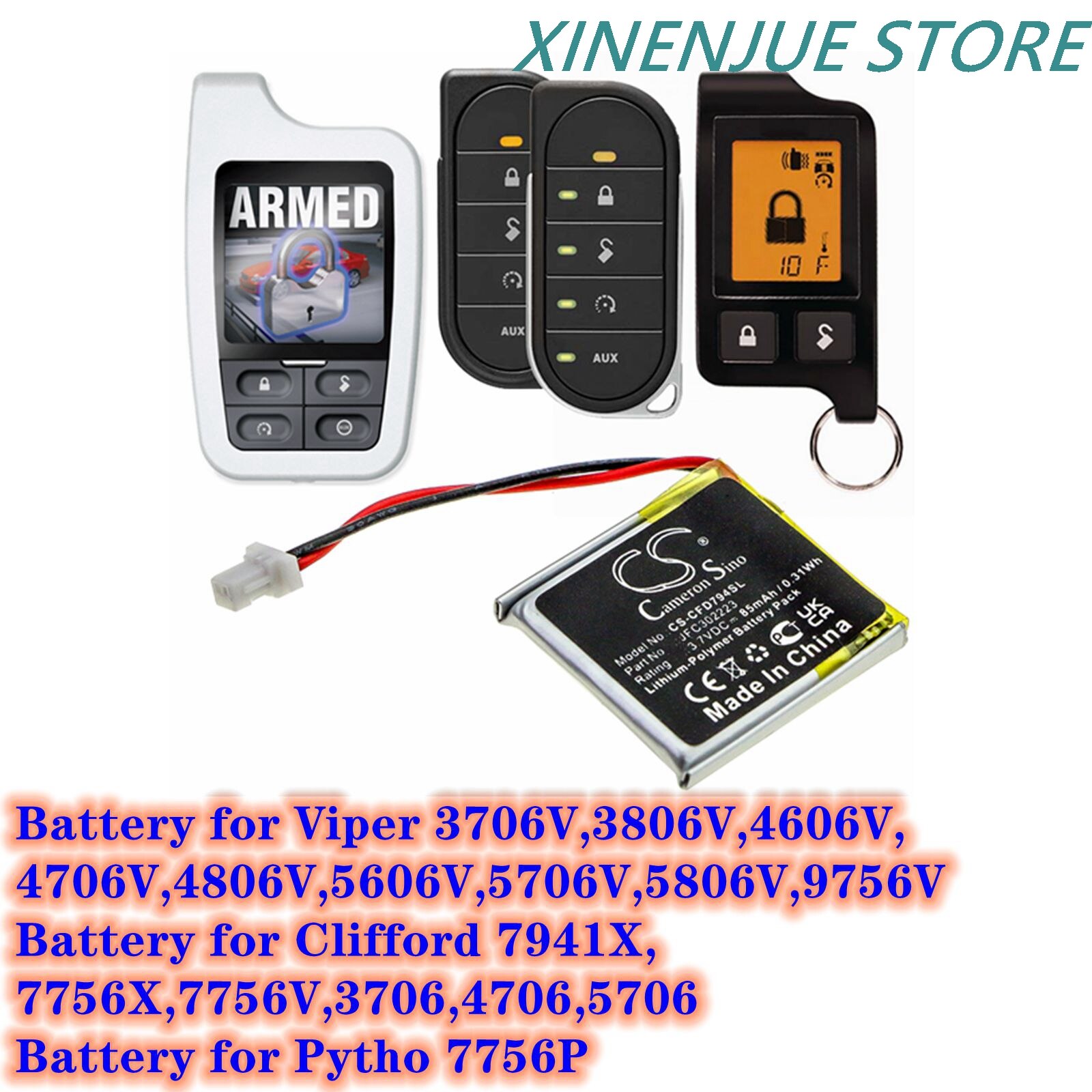 Remote Start,Entry Systems Battery 3.7V85mAh JFC302223 for Viper 3706V,3806V,4606V+,Clifford 7941X,7756X,7756V+,Python 7756P