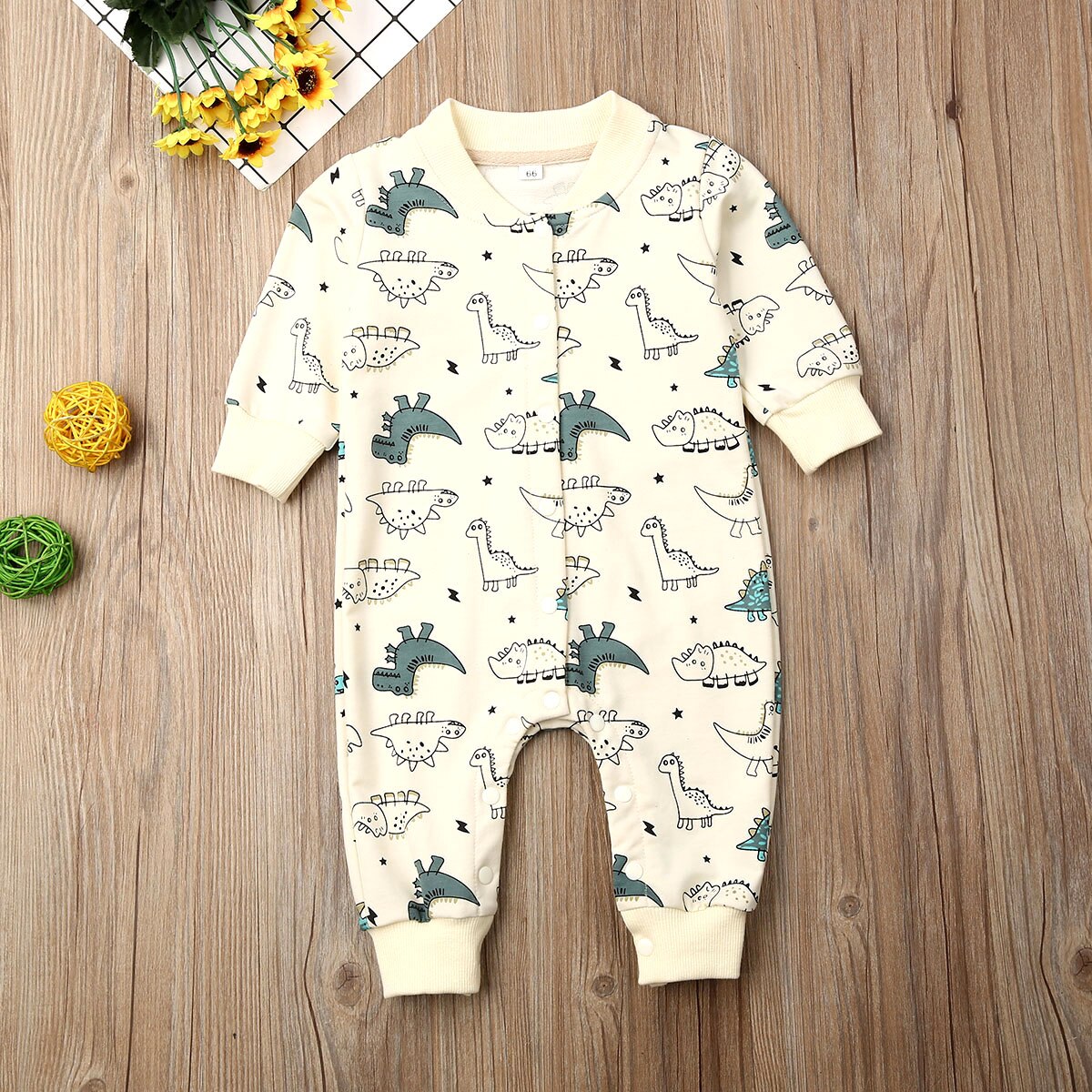 Otoño Casual dibujos animados estampado mamelucos bebé niño niña ropa de abrigo de manga larga dinosaurio mameluco mono de algodón encantador traje: Beige / 6 meses