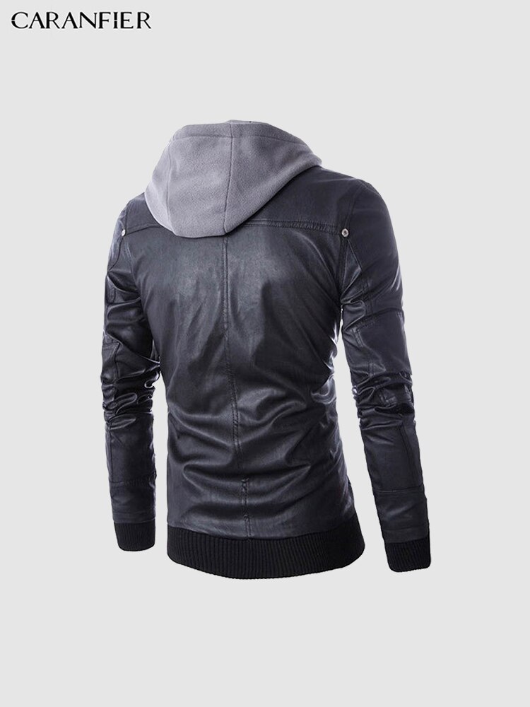 Caranter-chaquetas de cuero con capucha para hombre, abrigos informales de PU para motocicleta, ajustados, de manga larga, con cremallera, color negro
