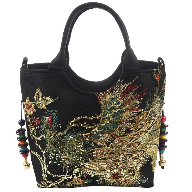 Paillettes brillantes paon brodé femmes toile fourre-tout sac, été Shopping sac à bandoulière Vintage perlé chaîne sac à main noir: Default Title