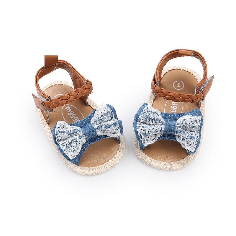 Baby Mädchen Bogen Sandalen Schuhe Flache Fersen Kleinkind freundlicher Sommer Party Hochzeit Schuhe Tupfen Spitze Streifen Prewalkers: B Spitze / 7-12 Monate