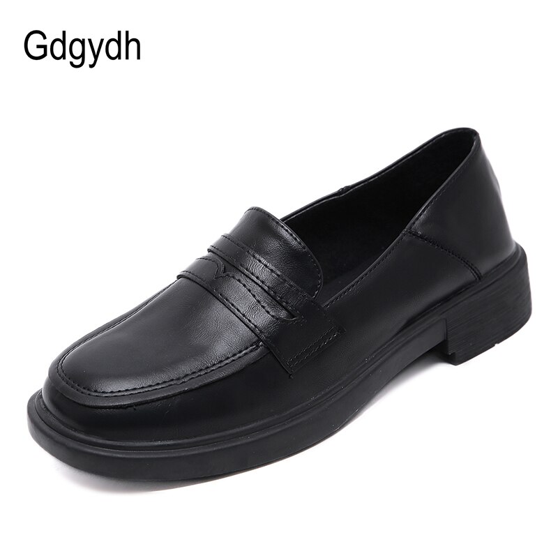 Gdgydh Round Toe Loafers Flats Shoes Woman Spring Summer Female Casual Shoes Black Leather PU Flat Heel