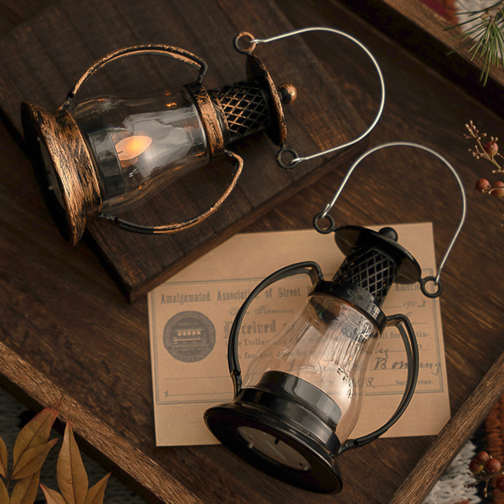 Vintage metall flammelykt hengende lykt utendørs belysningslampe med knappbatteri campinglys retro led stearinlys flammelamper