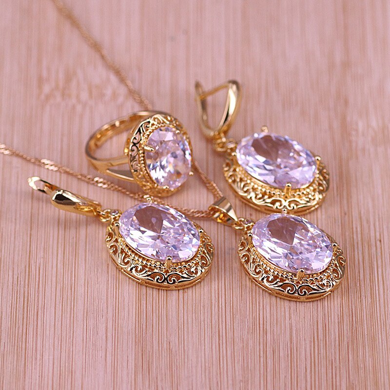 Risenj Dubai Luxe Stijl Vele Kleuren Grote Rode Steen Goud Kleur Sieraden Voor Vrouwen Verstelbare Ring Ketting Set: white