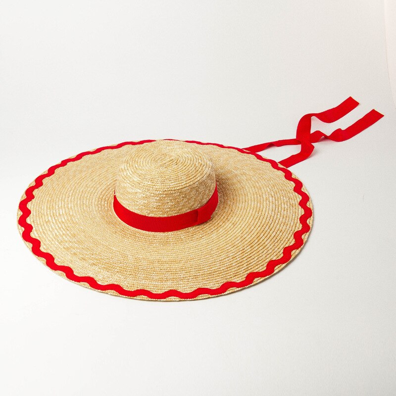 hats women Wave patch cloth brim flat top big straw hat outdoor sunshade beach straw hat: red
