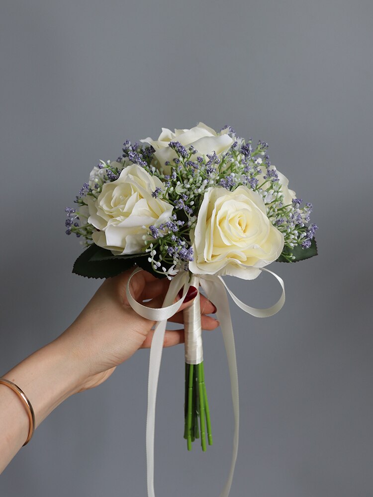 Janevini kunstbloemenmeisjesboeket wit roze blauw roos zijden bruidsmeisjes bruidshandbloemen rood klein bruidsboeket: Champagne