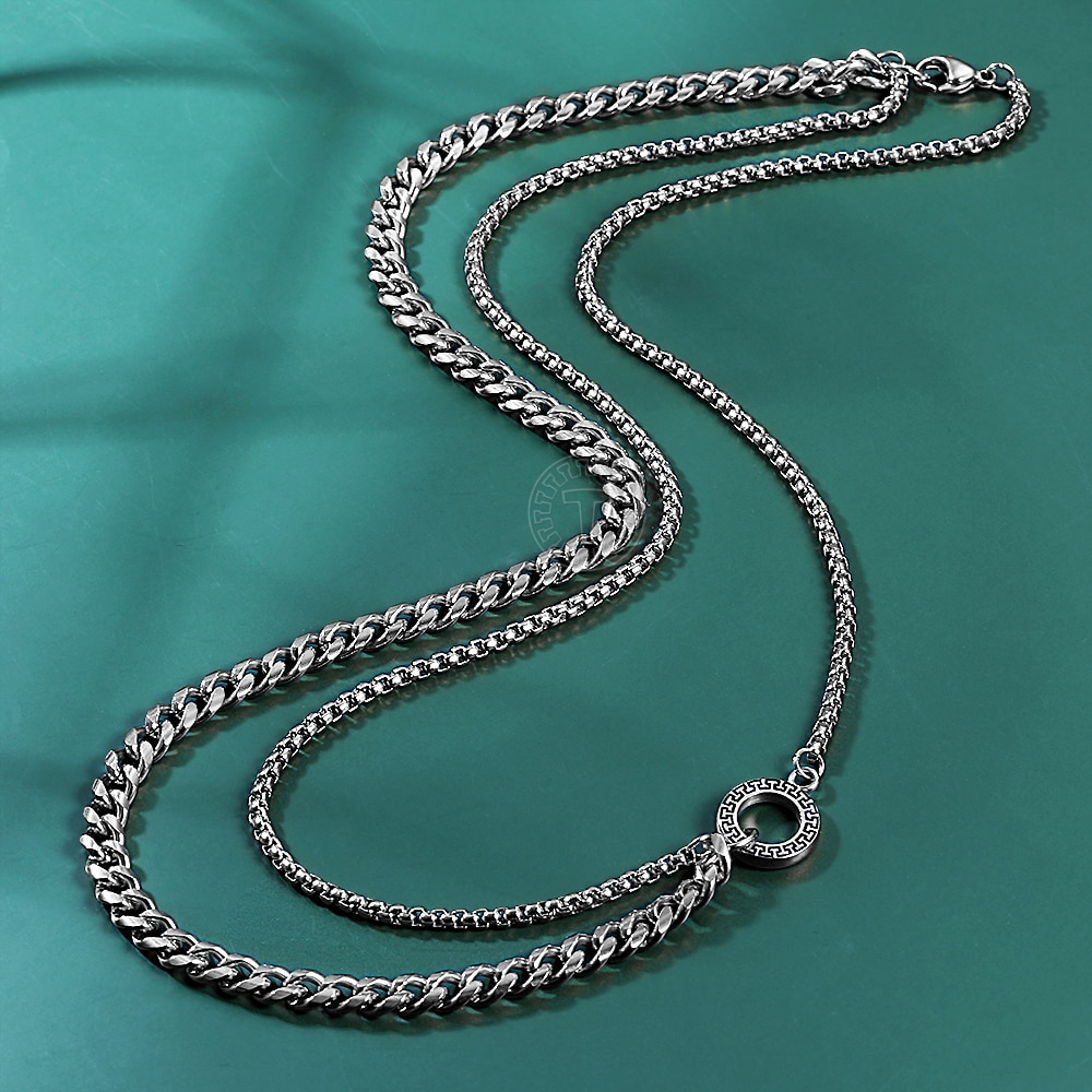 Men's Punk Gold Stainless Steel Layered Chain Necklace Box Curb Link Chain Stylish Hip Pop Male Jewelry TNS021