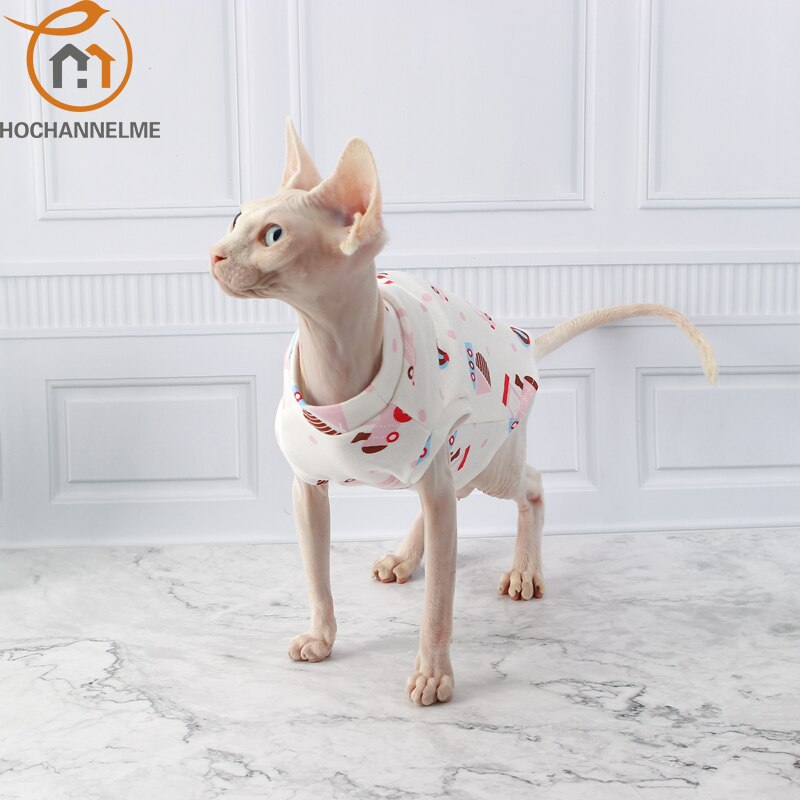 Forårssommer hårløst kattetøj sfinx devon killetøj bomuld åndbart anti-allergi tegneserieprintet halværmet