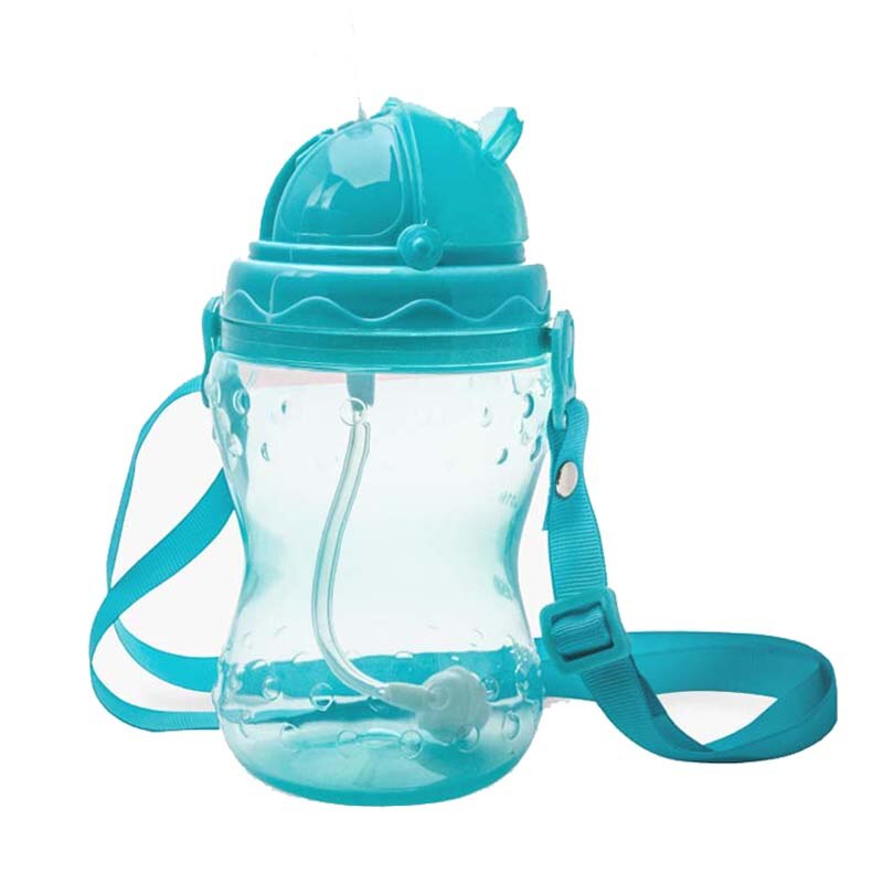 240/330ml silikone baby fodringsflasker halm babyer med håndtag vand mælk bred mund fodring flaske: 330ml blå rem