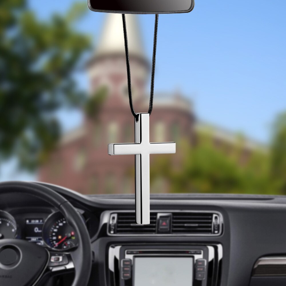 Bil vedhæng interiør metal kryds jesus kristen religiøs bakspejl ornament hængende dingle charme bil styling biler: Sølv