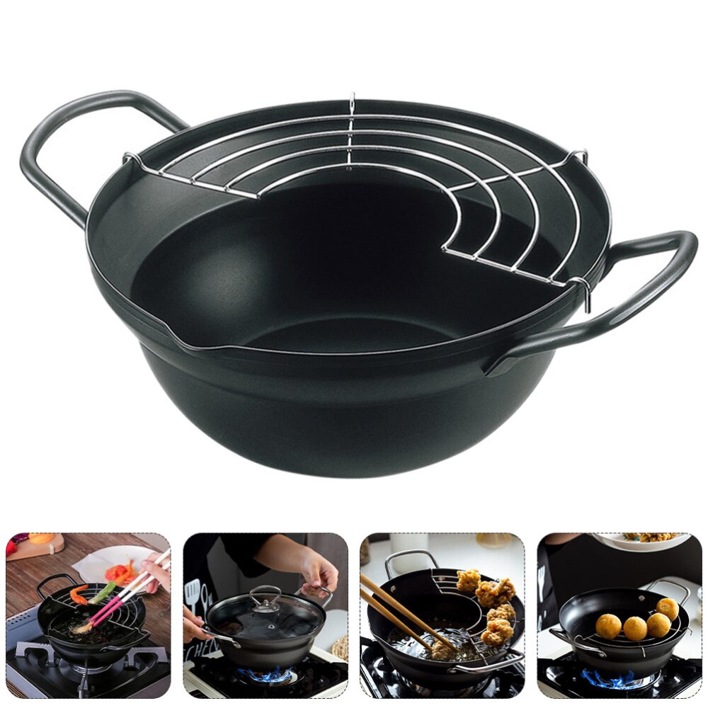 1 Set Japanse Stijl Friteuse Pan Huishoudelijke Frituren Pot Met Olie Afdruiprek Rack: Default Title