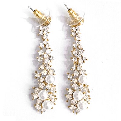 Bruid Bruiloft Sieraden Luxe Full Strass Kristal Clip Op Oorbellen Lange Gesimuleerde Pearl Earring Zonder Doorboord Oor Clip: gold stud earrings