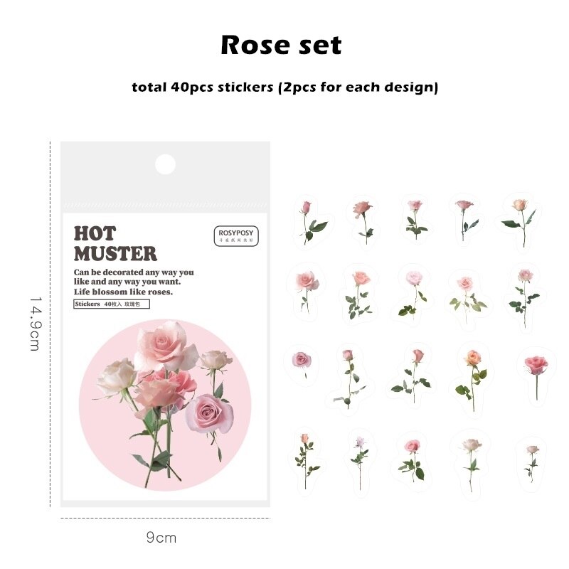 40pcs Muster Stickers Set Tulip Daisy Rose Flower Bear Angel Post Note Sticker DIY Decoration Adhesive Diary A6184: Rose set