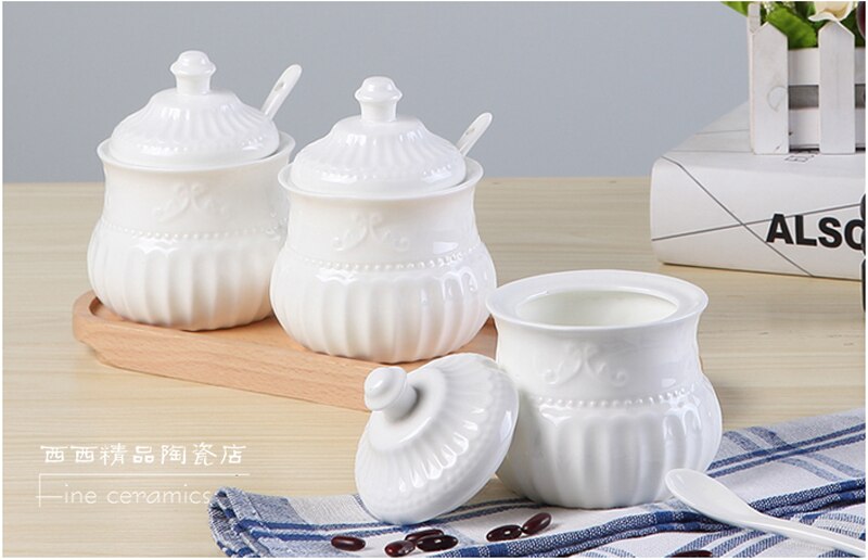 Tazón de azúcar de porcelana en relieve blanco liso con cuchara, contenedor de azúcar, tarro de azúcar, dispensador de azúcar de cerámica, tarro de sucrier con cuchara