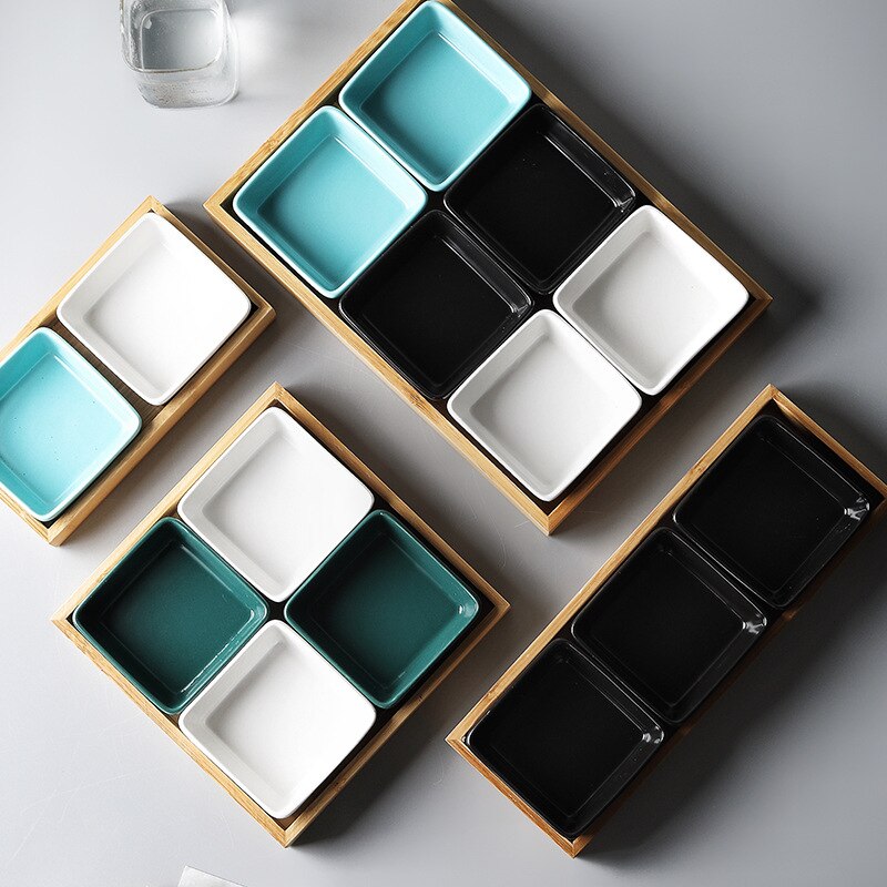 Ceramic Dessert Nut Snacks Plate Bamboo Wood Tray Multi Grid Dessert Plates Multifunction Foods Classify Snack Dishes