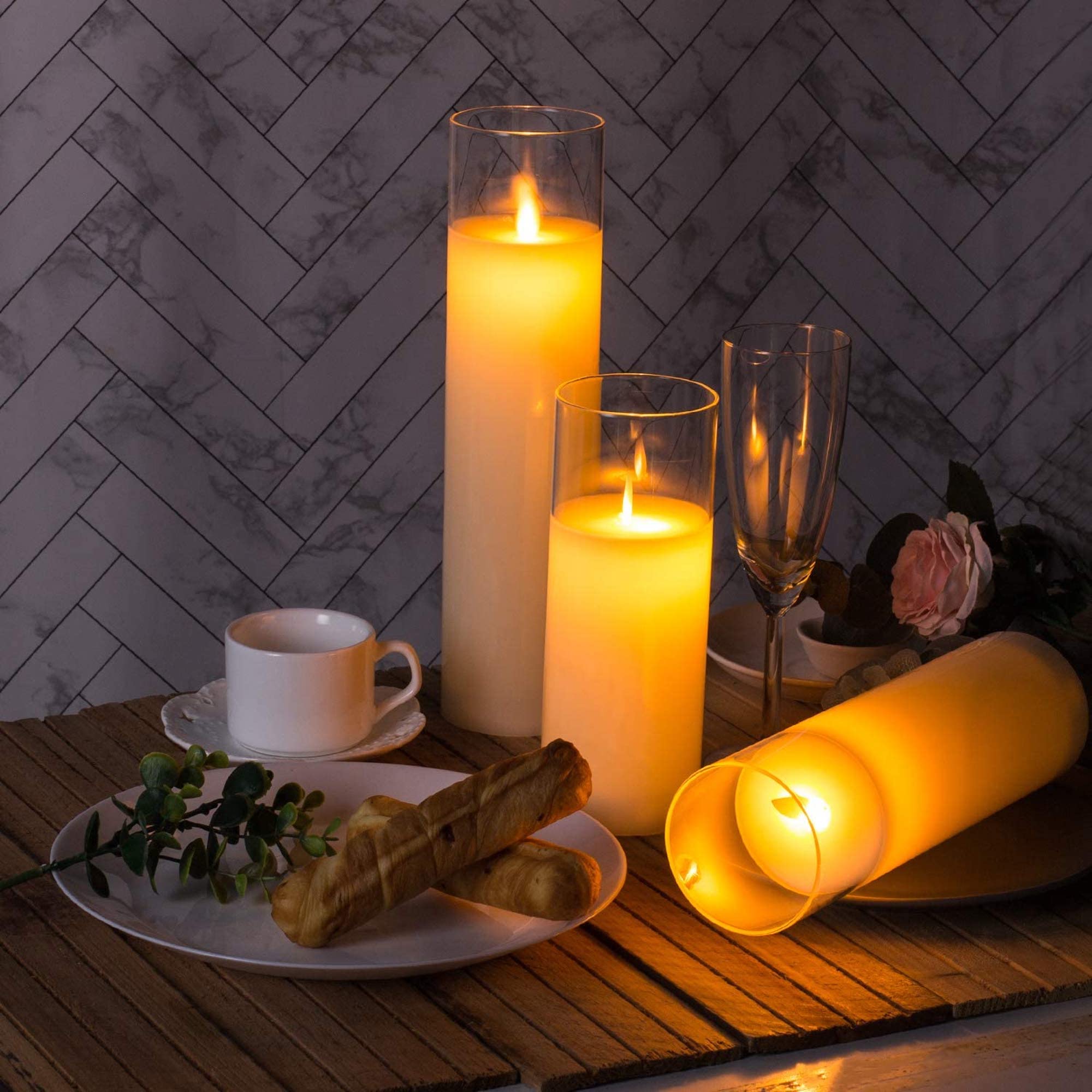 Glass Flameless Candles Set 8" 10" 12" Battery Operated Real Wax Pillars Glass LED Candles With Remote Control Cycling Timer
