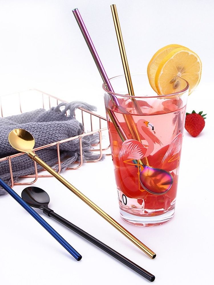 Lange Handvat 25Cm Stro Lepels 2in1 Rvs Roeren Koffie Lepels Yerba Mate Bevroren Drinken Milkshake Theelepel Servies