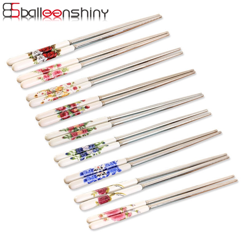 BalleenShiny 1 Pair Stainless Steel Chopsticks Chinese Style Rose Peony Ceramic Handle Anti-skid Chopsticks for Rice