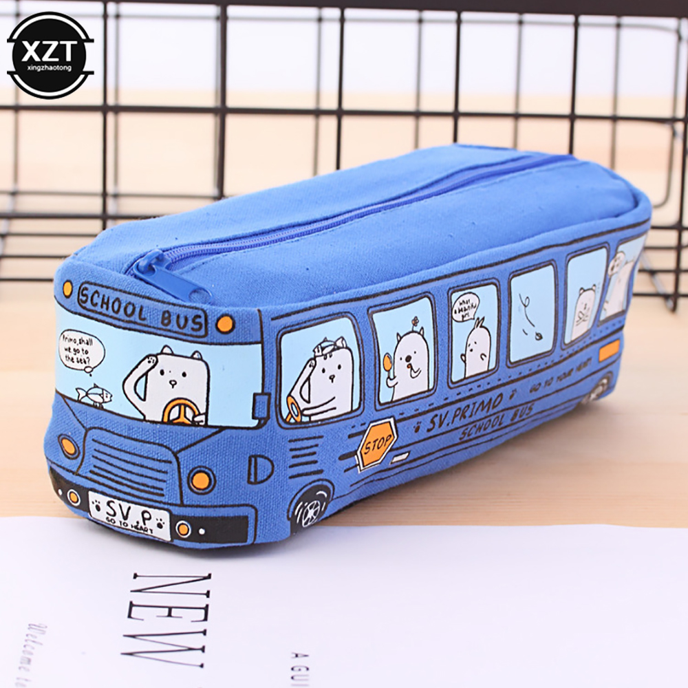 Cute Bus Pencil Case Canvas Stationery Box Large Capacity Pen Bag School Pencil Cases for Children Pen Case Kawaii Student: Blue