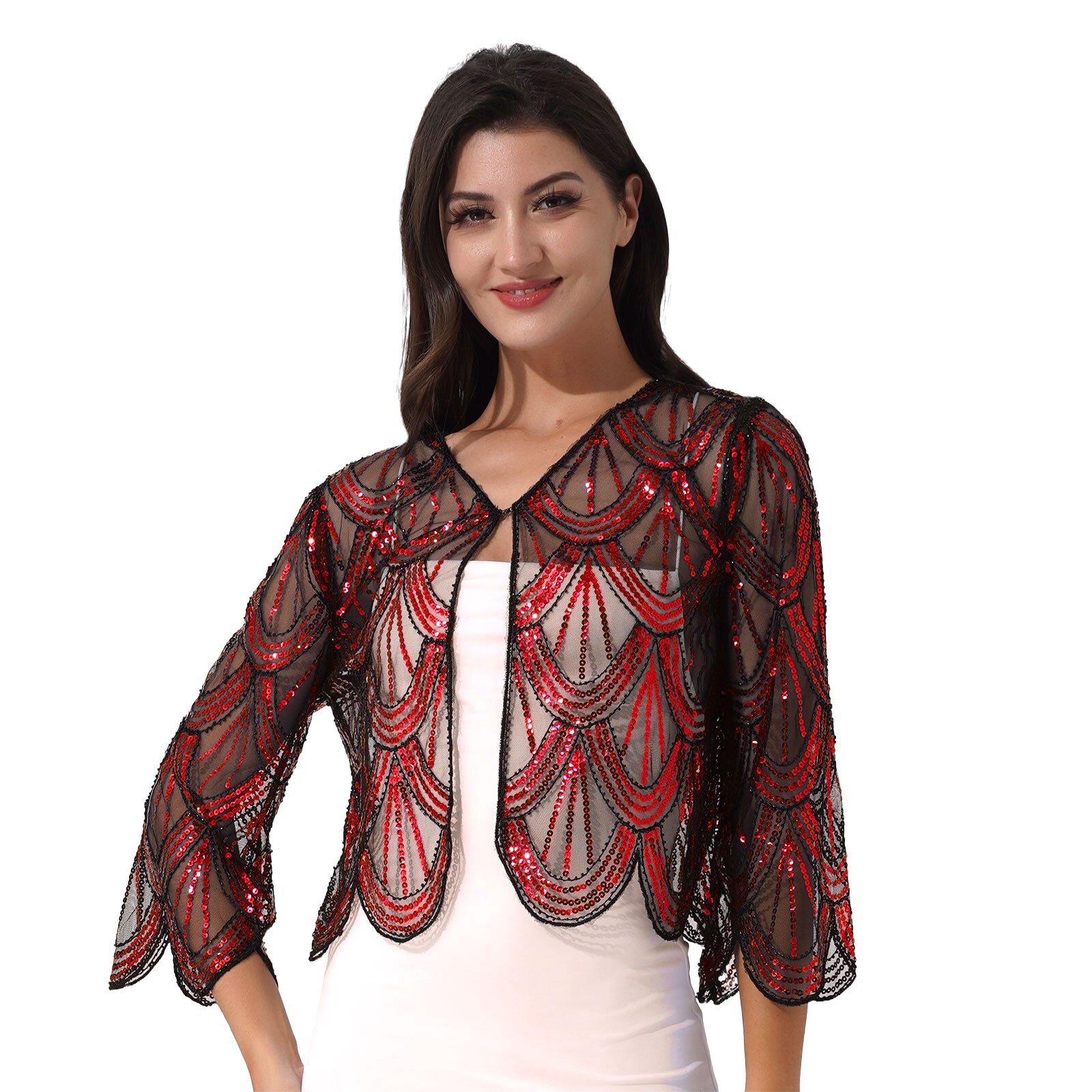 Bolero de lentejuelas para mujer, chal de manga larga, encogimiento de hombros, cárdigan, Tops, envoltura nupcial de boda, vestido sin mangas, cubierta de protección solar: Negro
